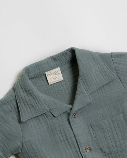 Twingle 100% Organic Muslin Shirt & Shorts Set-Functional Pocket-Adjustable Waistband-Sage Green-Solid-For Infants