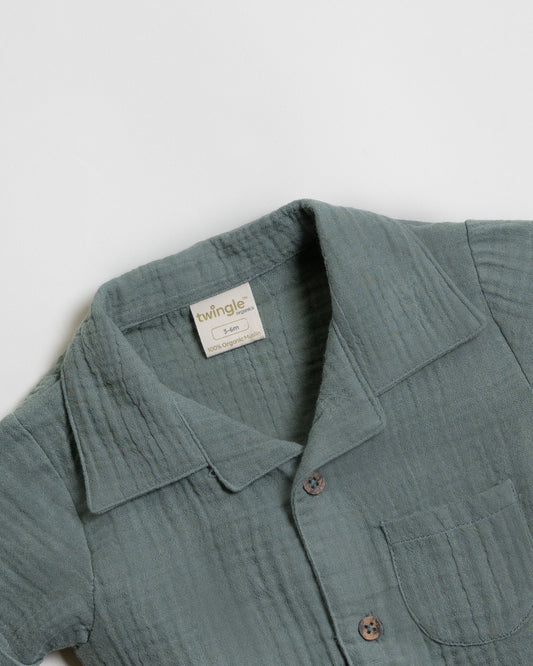 Twingle 100% Organic Muslin Shirt & Shorts Set-Functional Pocket-Adjustable Waistband-Sage Green-Solid-For Infants
