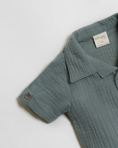Twingle 100% Organic Muslin Shirt & Shorts Set-Functional Pocket-Adjustable Waistband-Sage Green-Solid-For Infants