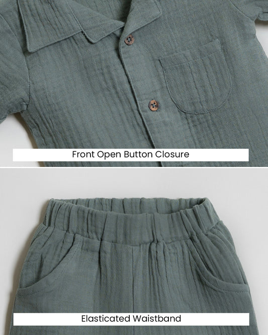 Twingle 100% Organic Muslin Shirt & Shorts Set-Lightweight & Breathable Fabric-Functional Pockets-Soft Elasticated Waistband-Short Sleeves-Solid-Sage Green-For Infants