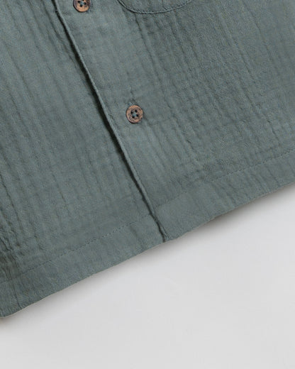 Twingle 100% Organic Muslin Shirt & Shorts Set-Functional Pocket-Adjustable Waistband-Sage Green-Solid-For Infants