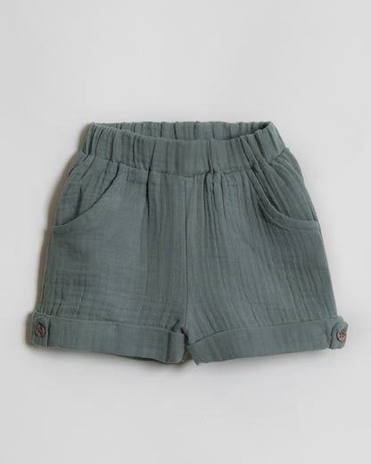 Twingle 100% Organic Muslin Shirt & Shorts Set-Functional Pocket-Adjustable Waistband-Sage Green-Solid-For Infants
