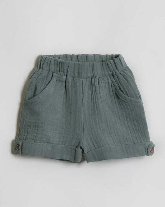 Twingle 100% Organic Muslin Shirt & Shorts Set-Functional Pocket-Adjustable Waistband-Sage Green-Solid-For Infants