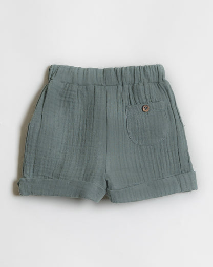 Twingle 100% Organic Muslin Shirt & Shorts Set-Functional Pocket-Adjustable Waistband-Sage Green-Solid-For Infants