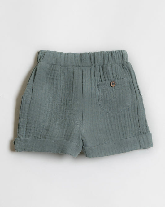Twingle 100% Organic Muslin Shirt & Shorts Set-Functional Pocket-Adjustable Waistband-Sage Green-Solid-For Infants