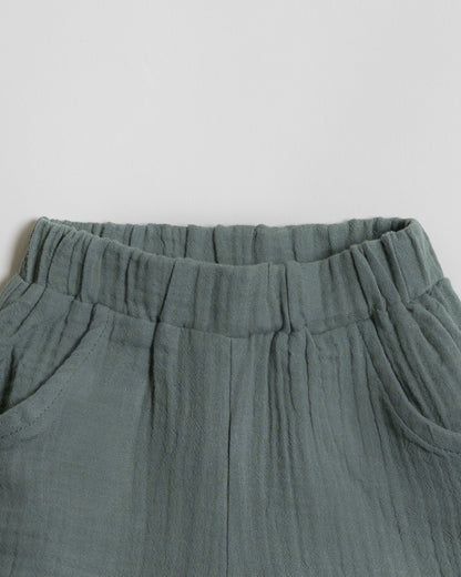 Twingle 100% Organic Muslin Shirt & Shorts Set-Functional Pocket-Adjustable Waistband-Sage Green-Solid-For Infants