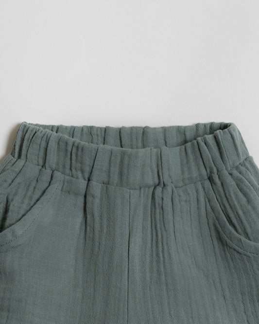 Twingle 100% Organic Muslin Shirt & Shorts Set-Functional Pocket-Adjustable Waistband-Sage Green-Solid-For Infants