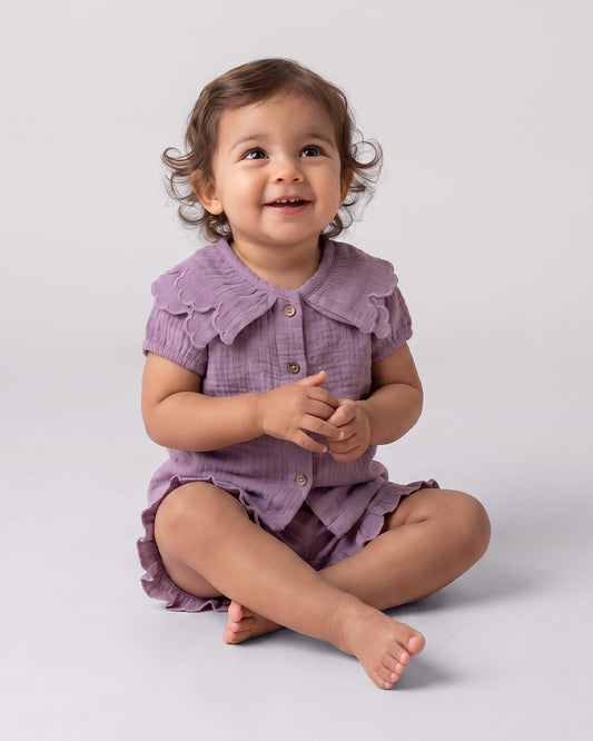 Twingle 100% Organic Muslin Shirt & Shorts Set-Lightweight & Breathable Fabric-Puff Sleeves-Soft Elasticated Waistband-Short Sleeves-Solid-Lavender-For Infants