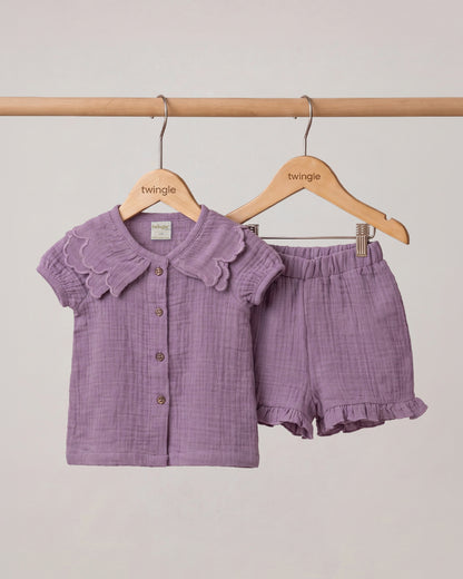 Twingle 100% Organic Muslin Shirt & Shorts Set-Lightweight & Breathable Fabric-Puff Sleeves-Soft Elasticated Waistband-Short Sleeves-Solid-Lavender-For Infants