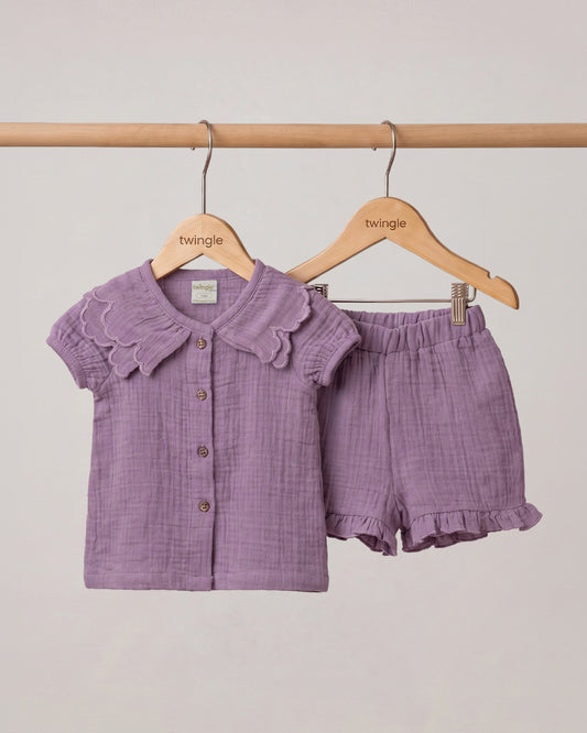 Twingle 100% Organic Muslin Shirt & Shorts Set-Lightweight & Breathable Fabric-Puff Sleeves-Soft Elasticated Waistband-Short Sleeves-Solid-Lavender-For Infants