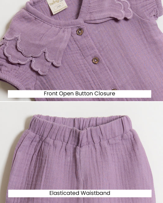 Twingle 100% Organic Muslin Shirt & Shorts Set-Lightweight & Breathable Fabric-Puff Sleeves-Soft Elasticated Waistband-Short Sleeves-Solid-Lavender-For Infants