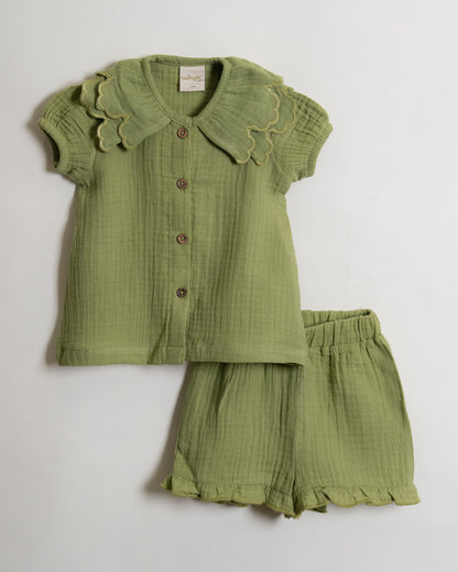 Twingle 100% Organic Muslin Shirt & Shorts Set-Puff Sleeves-Adjustable Waistband-Olive Green-Soild-For Infants