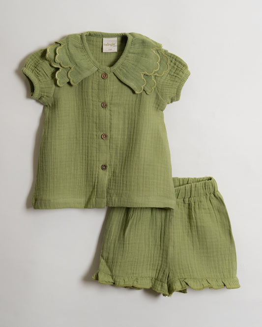 Twingle 100% Organic Muslin Shirt & Shorts Set-Puff Sleeves-Adjustable Waistband-Olive Green-Soild-For Infants
