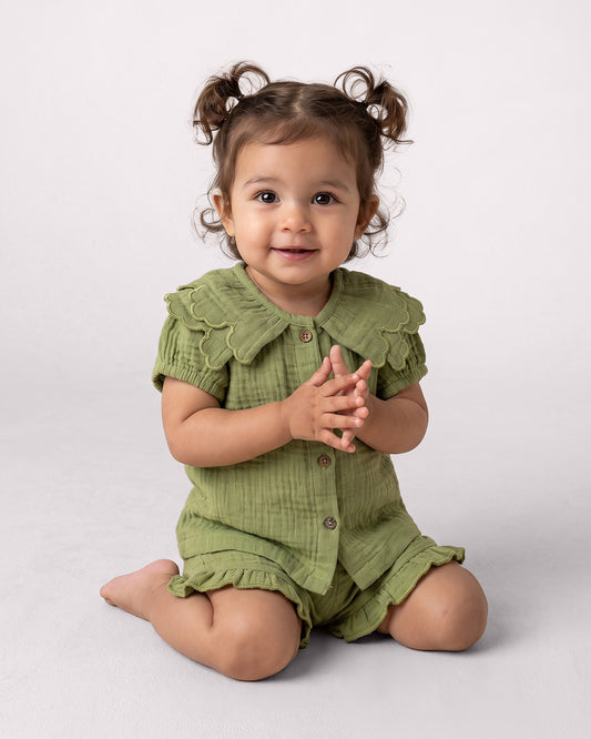 Twingle 100% Organic Muslin Shirt & Shorts Set-Lightweight & Breathable Fabric-Puff Sleeves-Soft Elasticated Waistband-Short Sleeves-Solid-Olive Green-For Infants
