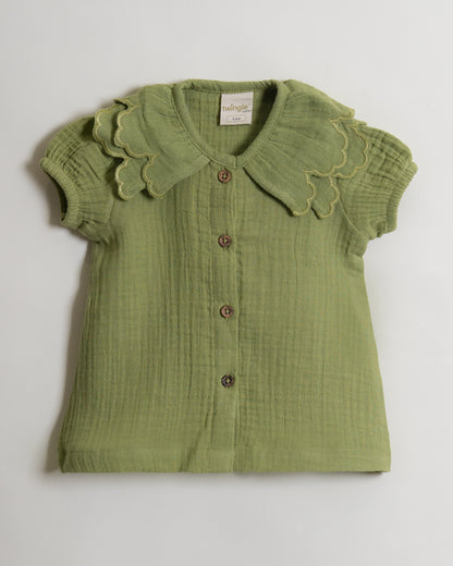 Twingle 100% Organic Muslin Shirt & Shorts Set-Puff Sleeves-Adjustable Waistband-Olive Green-Soild-For Infants