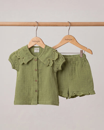 Twingle 100% Organic Muslin Shirt & Shorts Set-Lightweight & Breathable Fabric-Puff Sleeves-Soft Elasticated Waistband-Short Sleeves-Solid-Olive Green-For Infants