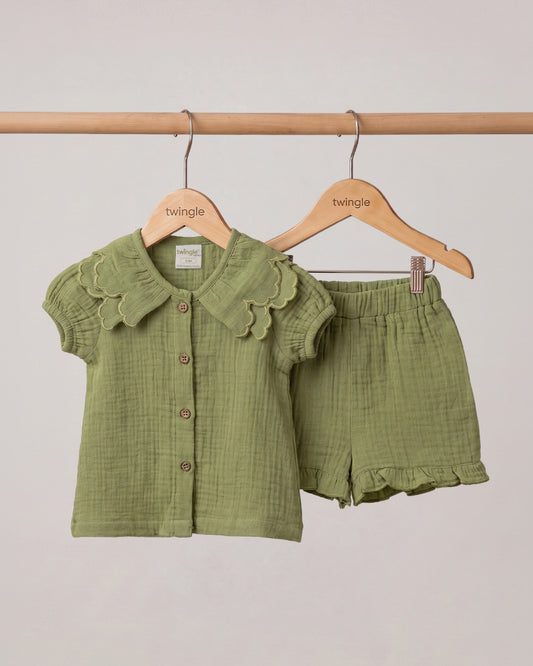 Twingle 100% Organic Muslin Shirt & Shorts Set-Lightweight & Breathable Fabric-Puff Sleeves-Soft Elasticated Waistband-Short Sleeves-Solid-Olive Green-For Infants