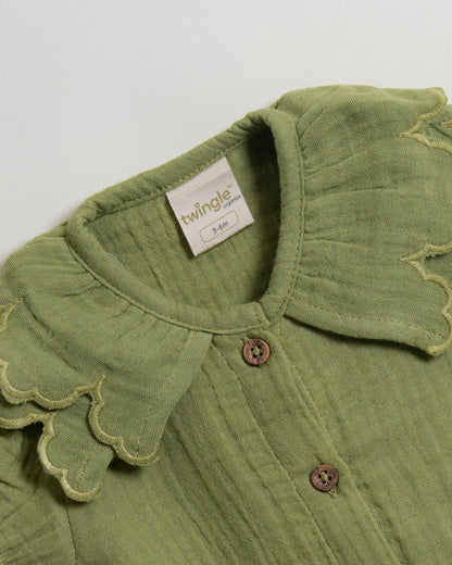 Twingle 100% Organic Muslin Shirt & Shorts Set-Puff Sleeves-Adjustable Waistband-Olive Green-Soild-For Infants