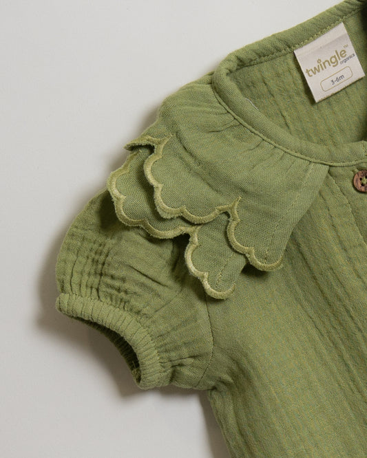 Twingle 100% Organic Muslin Shirt & Shorts Set-Puff Sleeves-Adjustable Waistband-Olive Green-Soild-For Infants