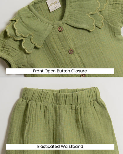 Twingle 100% Organic Muslin Shirt & Shorts Set-Lightweight & Breathable Fabric-Puff Sleeves-Soft Elasticated Waistband-Short Sleeves-Solid-Olive Green-For Infants