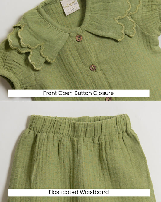 Twingle 100% Organic Muslin Shirt & Shorts Set-Lightweight & Breathable Fabric-Puff Sleeves-Soft Elasticated Waistband-Short Sleeves-Solid-Olive Green-For Infants
