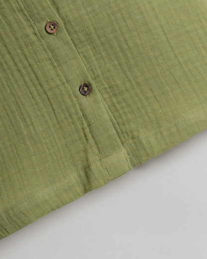 Twingle 100% Organic Muslin Shirt & Shorts Set-Puff Sleeves-Adjustable Waistband-Olive Green-Soild-For Infants