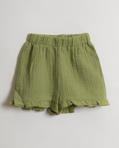 Twingle 100% Organic Muslin Shirt & Shorts Set-Puff Sleeves-Adjustable Waistband-Olive Green-Soild-For Infants