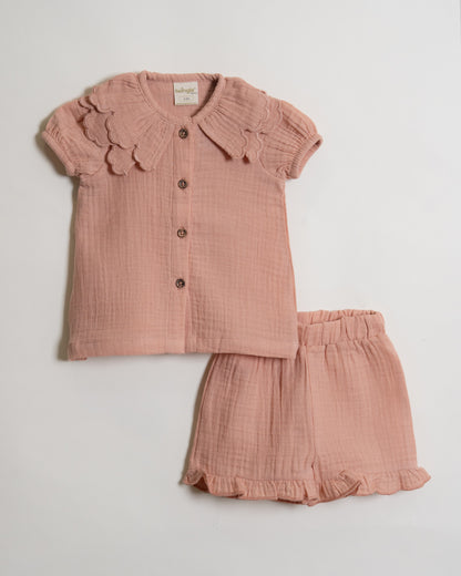 Twingle 100% Organic Muslin Shirt & Shorts Set-Puff Sleeves-Adjustable Waistband-Peach Pink-Soild-For Infants