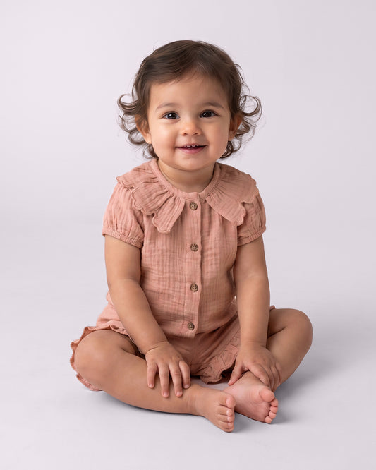 Twingle 100% Organic Muslin Shirt & Shorts Set-Lightweight & Breathable Fabric-Puff Sleeves-Soft Elasticated Waistband-Short Sleeves-Solid-Peach Pink-For Infants