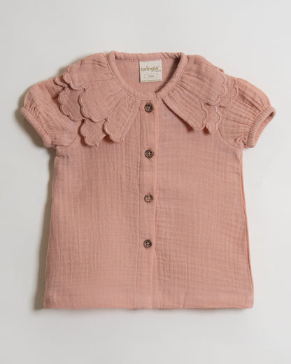 Twingle 100% Organic Muslin Shirt & Shorts Set-Puff Sleeves-Adjustable Waistband-Peach Pink-Soild-For Infants