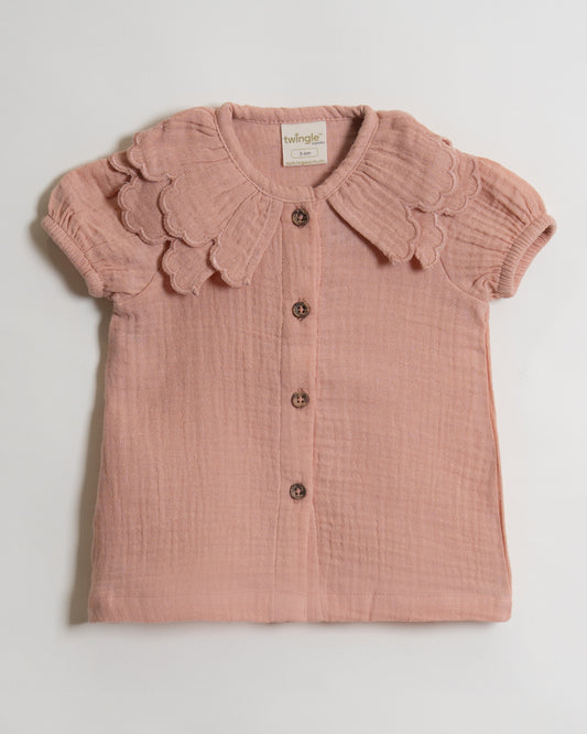 Twingle 100% Organic Muslin Shirt & Shorts Set-Puff Sleeves-Adjustable Waistband-Peach Pink-Soild-For Infants