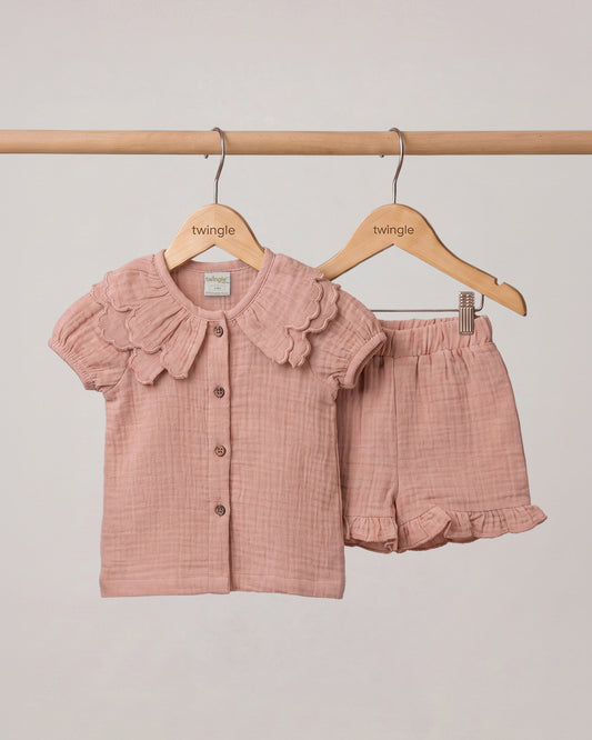 Twingle 100% Organic Muslin Shirt & Shorts Set-Lightweight & Breathable Fabric-Puff Sleeves-Soft Elasticated Waistband-Short Sleeves-Solid-Peach Pink-For Infants