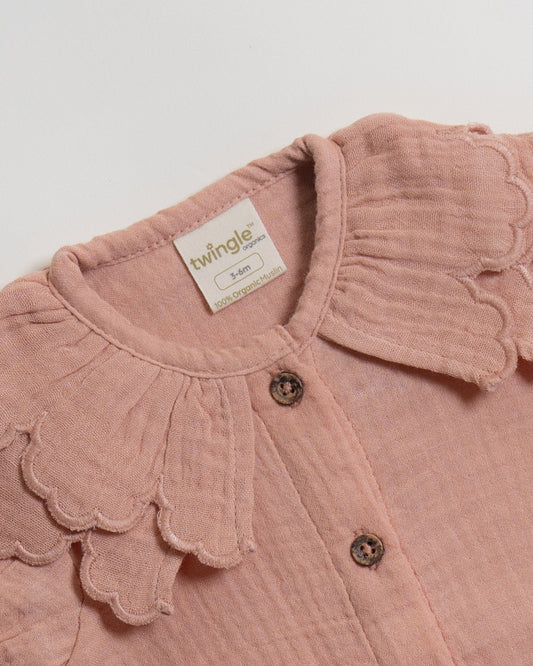 Twingle 100% Organic Muslin Shirt & Shorts Set-Puff Sleeves-Adjustable Waistband-Peach Pink-Soild-For Infants