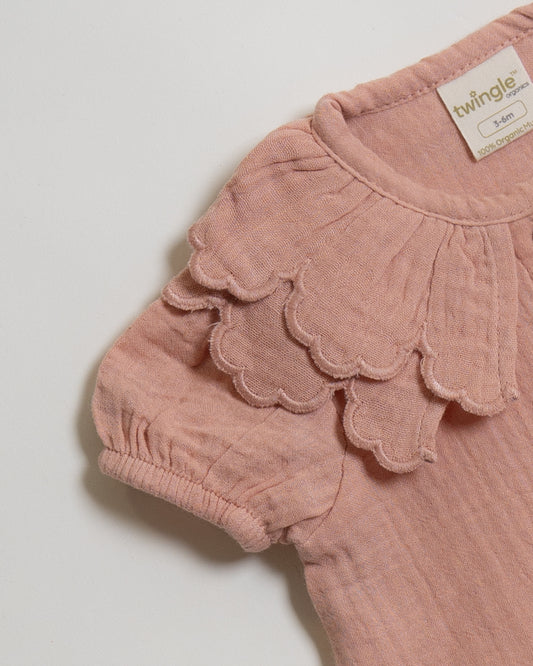 Twingle 100% Organic Muslin Shirt & Shorts Set-Puff Sleeves-Adjustable Waistband-Peach Pink-Soild-For Infants