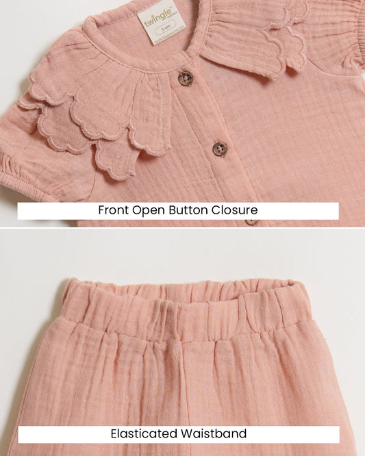 Twingle 100% Organic Muslin Shirt & Shorts Set-Lightweight & Breathable Fabric-Puff Sleeves-Soft Elasticated Waistband-Short Sleeves-Solid-Peach Pink-For Infants