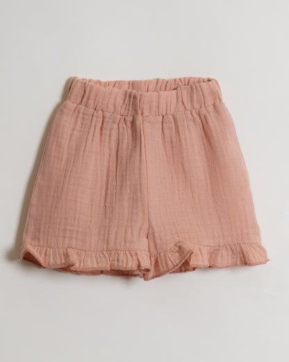 Twingle 100% Organic Muslin Shirt & Shorts Set-Puff Sleeves-Adjustable Waistband-Peach Pink-Soild-For Infants