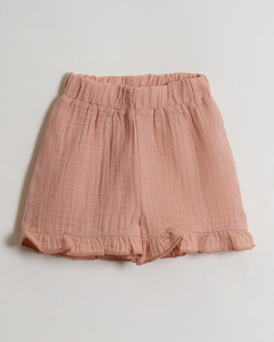 Twingle 100% Organic Muslin Shirt & Shorts Set-Puff Sleeves-Adjustable Waistband-Peach Pink-Soild-For Infants