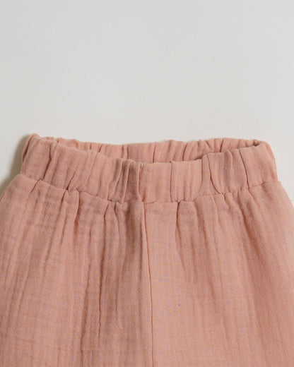 Twingle 100% Organic Muslin Shirt & Shorts Set-Puff Sleeves-Adjustable Waistband-Peach Pink-Soild-For Infants