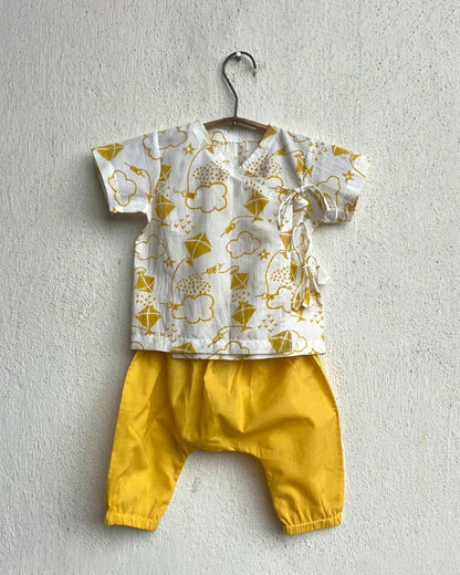 Whitewater Kids Yellow Jhabla Set-Half Sleeves-Printed-Organic Cotton-For Infants