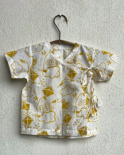 Whitewater Kids Yellow Jhabla Set-Half Sleeves-Printed-Organic Cotton-For Infants