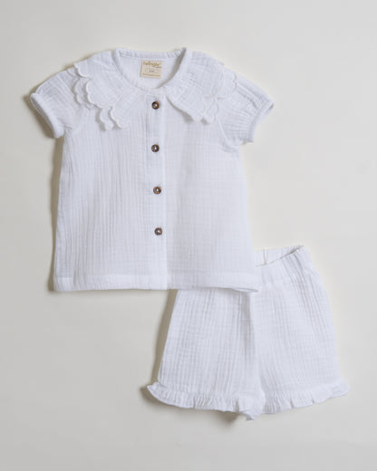 Twingle 100% Organic Muslin Shirt & Shorts Set-Puff Sleeves-Adjustable Waistband-White-Soild-For Infants