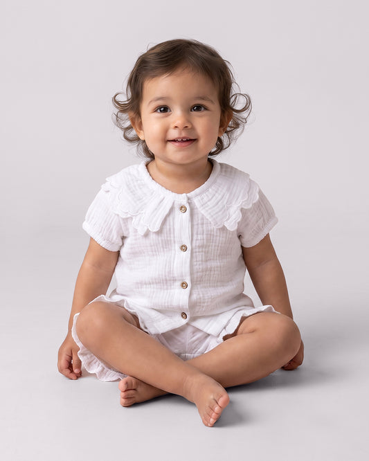 Twingle 100% Organic Muslin Shirt & Shorts Set-Lightweight & Breathable Fabric-Puff Sleeves-Soft Elasticated Waistband-Short Sleeves-Solid-White-For Infants