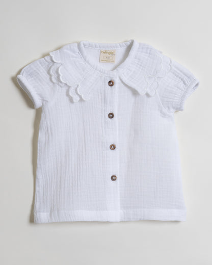 Twingle 100% Organic Muslin Shirt & Shorts Set-Puff Sleeves-Adjustable Waistband-White-Soild-For Infants
