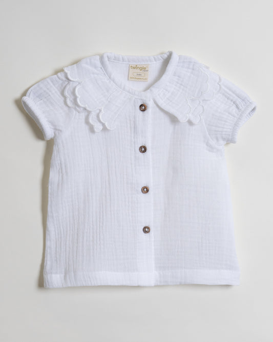 Twingle 100% Organic Muslin Shirt & Shorts Set-Puff Sleeves-Adjustable Waistband-White-Soild-For Infants