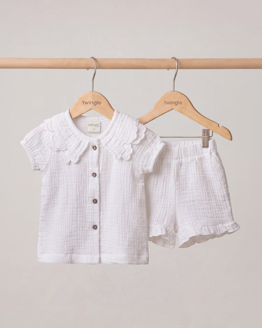 Twingle 100% Organic Muslin Shirt & Shorts Set-Lightweight & Breathable Fabric-Puff Sleeves-Soft Elasticated Waistband-Short Sleeves-Solid-White-For Infants