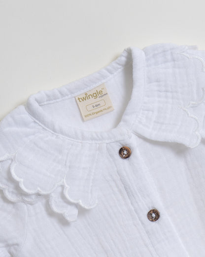 Twingle 100% Organic Muslin Shirt & Shorts Set-Puff Sleeves-Adjustable Waistband-White-Soild-For Infants