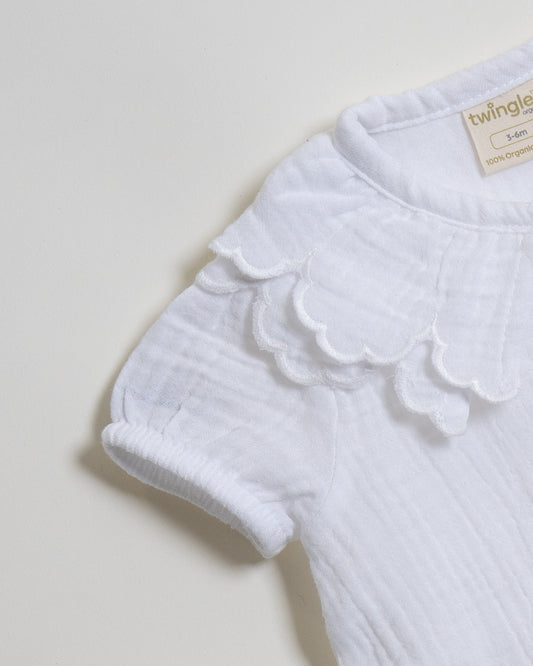 Twingle 100% Organic Muslin Shirt & Shorts Set-Puff Sleeves-Adjustable Waistband-White-Soild-For Infants