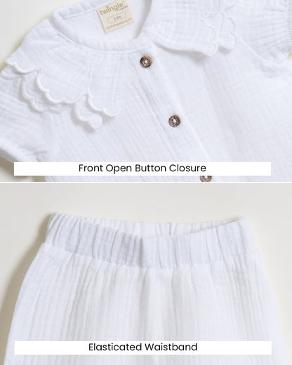 Twingle 100% Organic Muslin Shirt & Shorts Set-Lightweight & Breathable Fabric-Puff Sleeves-Soft Elasticated Waistband-Short Sleeves-Solid-White-For Infants