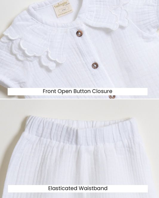 Twingle 100% Organic Muslin Shirt & Shorts Set-Lightweight & Breathable Fabric-Puff Sleeves-Soft Elasticated Waistband-Short Sleeves-Solid-White-For Infants