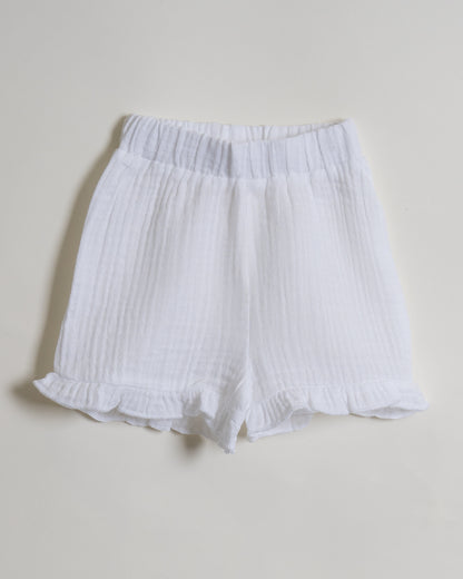 Twingle 100% Organic Muslin Shirt & Shorts Set-Puff Sleeves-Adjustable Waistband-White-Soild-For Infants